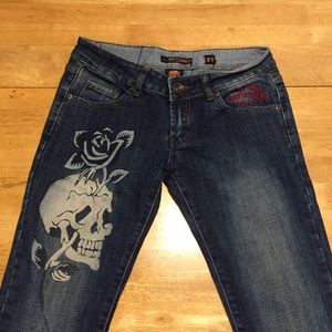 ED HARDY Blue JEANS 27 Rose Skull Tiger Embellish